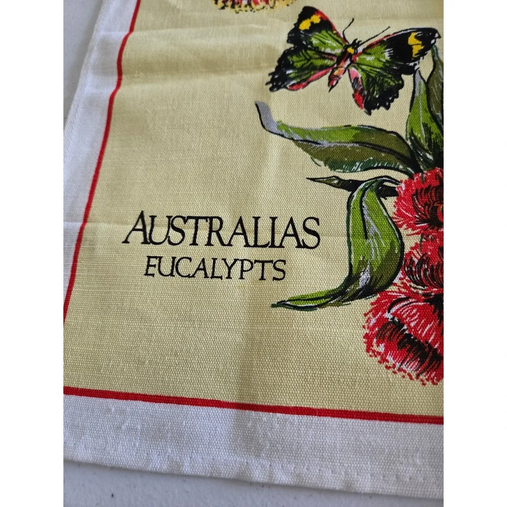 Vintage Ross Australias Eucalypts Tea Towel Linen Cotton Botanical Butterfly